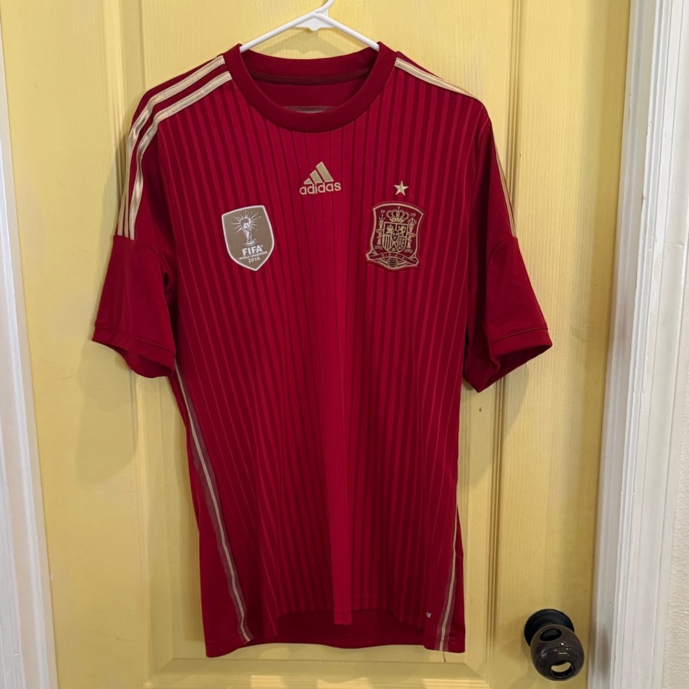 adidas Red Spain Soccer Jersey with Gold Trim